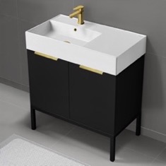 Modern Bathroom Vanity, 32 inch, Matte Black, Free Standing, Gold Handles